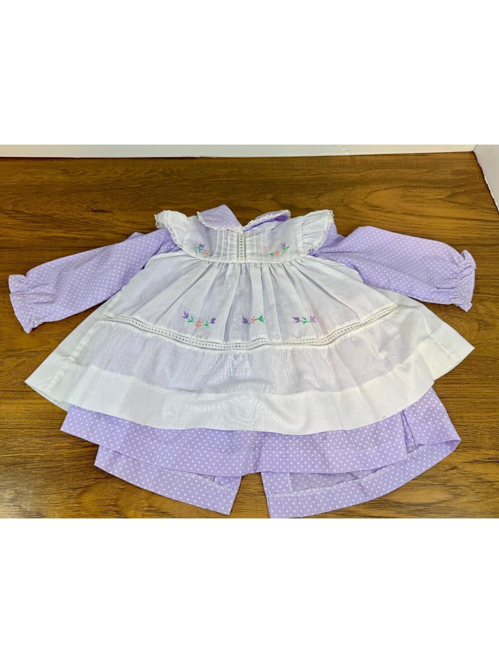 Vintage Tiny Tots Baby Girl Dress Set 6-9M Purple Polka Dot Embroidered Pinafore
